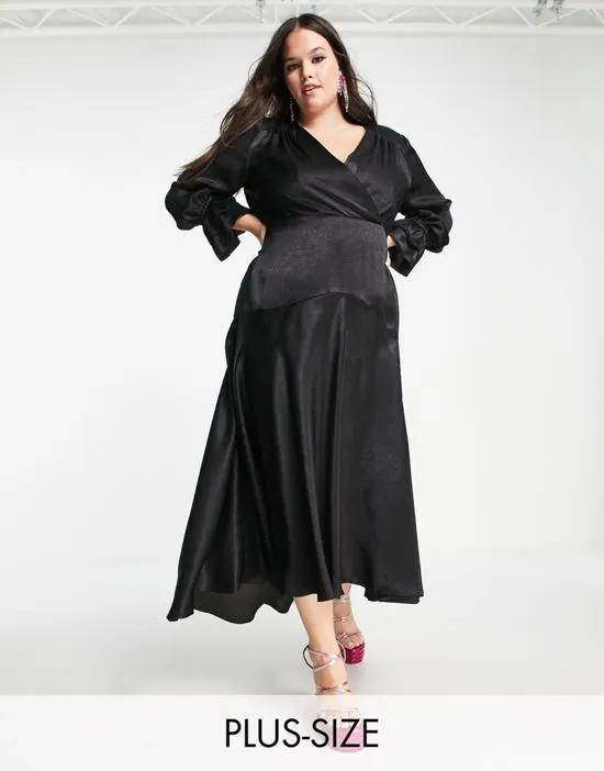 long sleeve midi dress in black satin