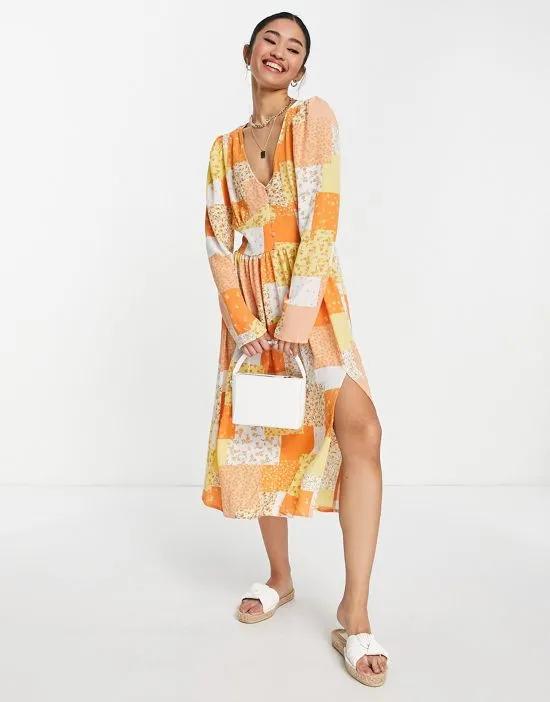 long sleeve midi dress in orange patchwork floral