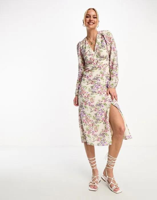 long sleeve midi dress in pink and purple floral