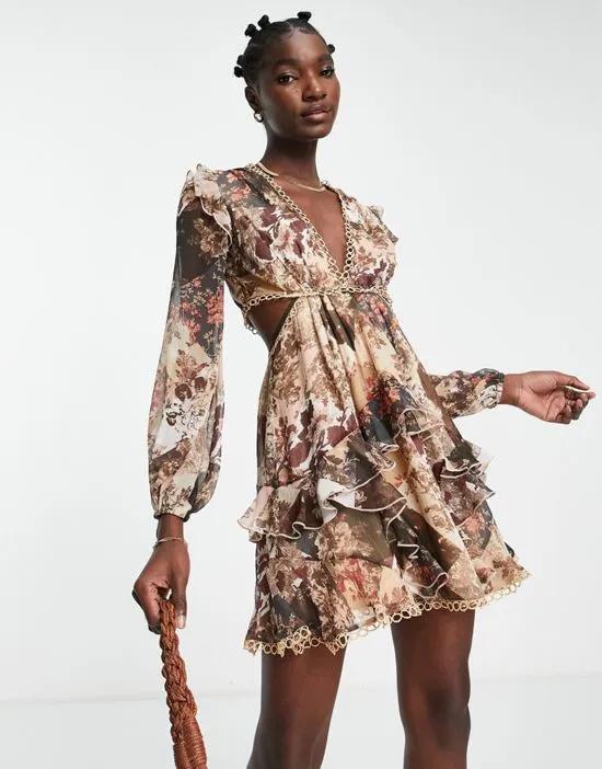 long sleeve mini dress in patchwork floral print with circle trims
