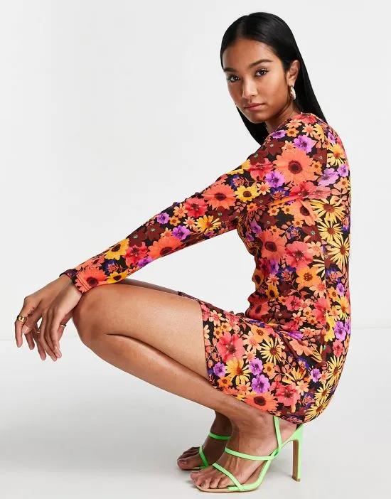 long sleeve mini dress in vibrant floral