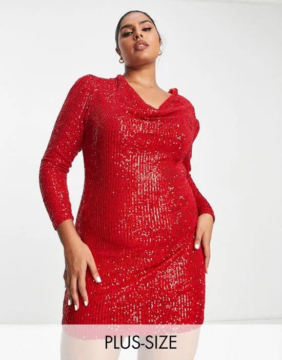long sleeve mini dress with cowl neck in red sequin