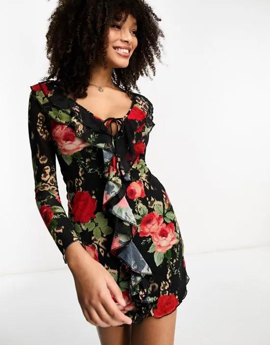 long sleeve mini dress with ruffle detail in red rose print