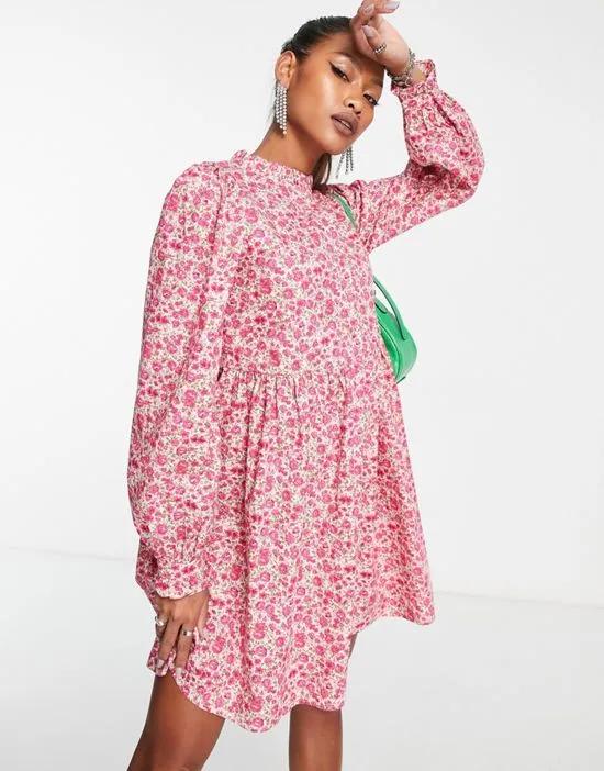 long sleeve mini smock dress in pink print