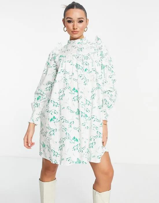 long sleeve mini smock dress with frill detail in fox print