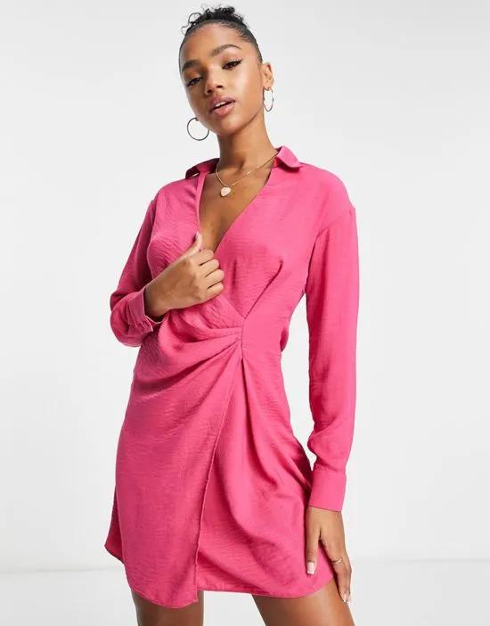 long sleeve mini wrap dress in pink
