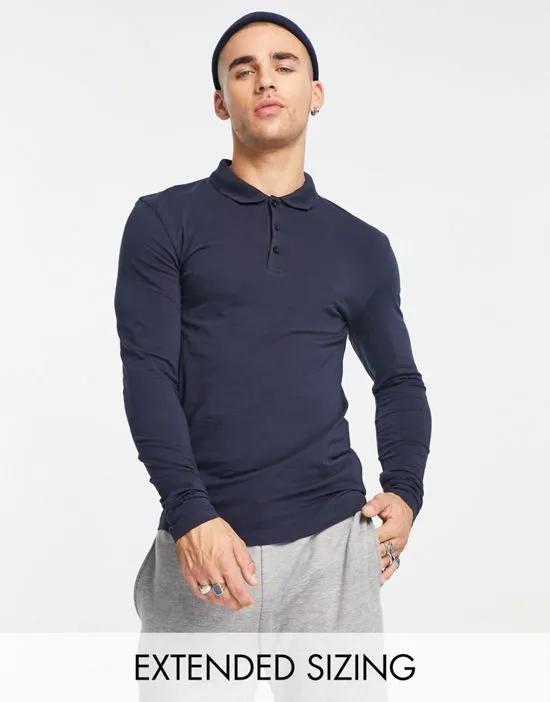long sleeve muscle fit jersey polo in navy
