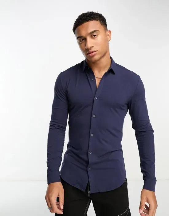 long sleeve muscle fit jersey shirt in navy