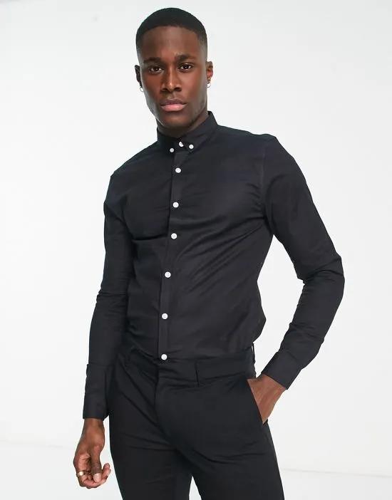 long sleeve muscle fit oxford shirt in black
