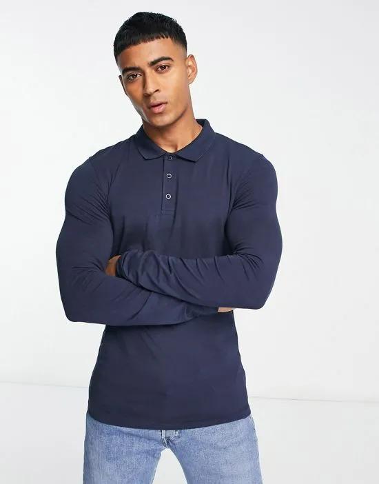 long sleeve muscle fit polo in navy
