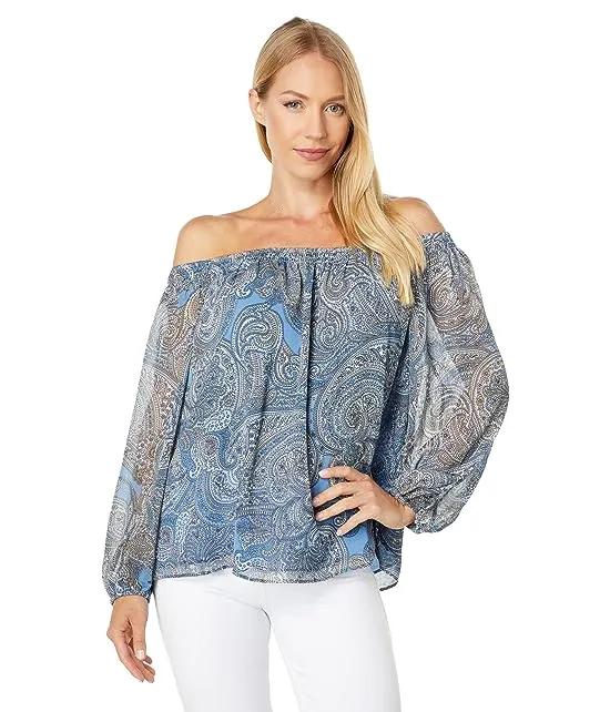 Long Sleeve Off-the-Shoulder Paisley Top