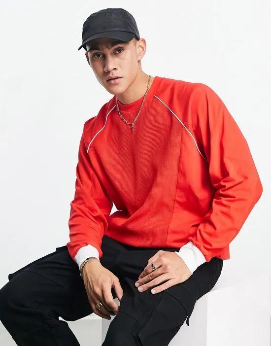 long sleeve oversized waffle T-shirt in red with white piping