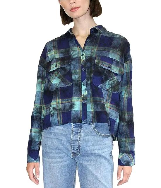 Long Sleeve Plaid Cropped Top w/ Front Pockets & Sequin Patch