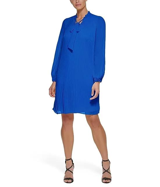 Long Sleeve Pleated Shift Dress with Neck Tie
