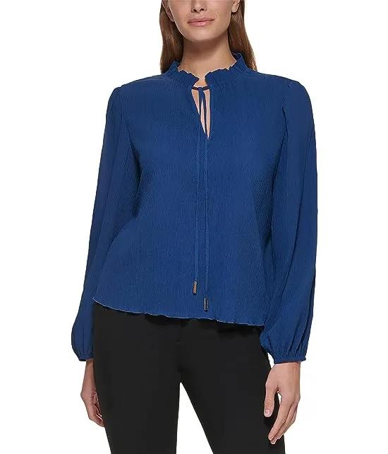 Long Sleeve Pleated Top with Neck Tie