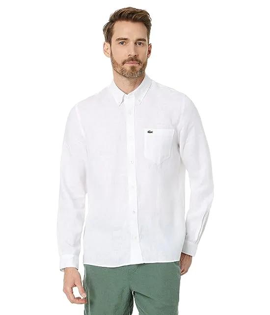 Long Sleeve Regular Fit Linen Button-Down with Front Pocket