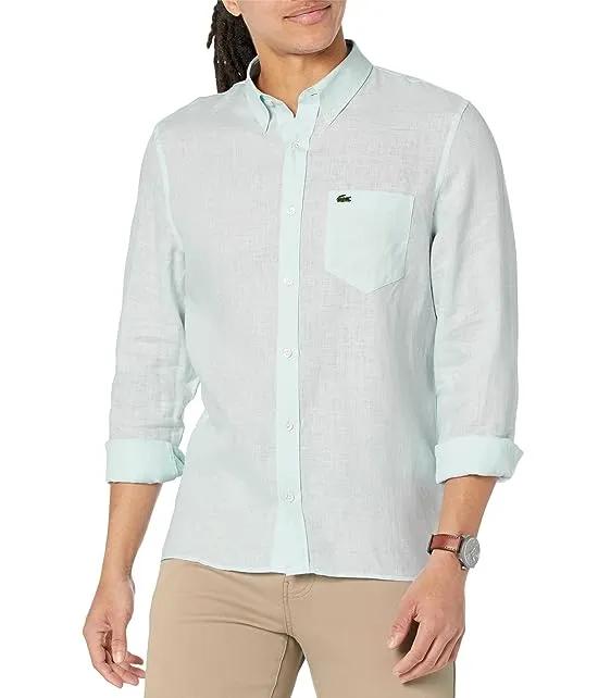 Long Sleeve Regular Fit Linen Button-Down with Front Pocket