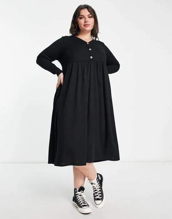 long sleeve ribbed button up midi dress in black