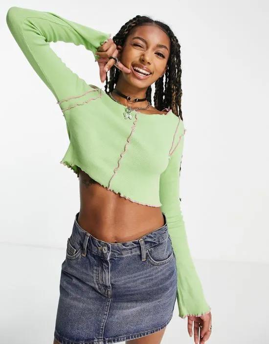 long sleeve ribbed crop top with contrast overlocking