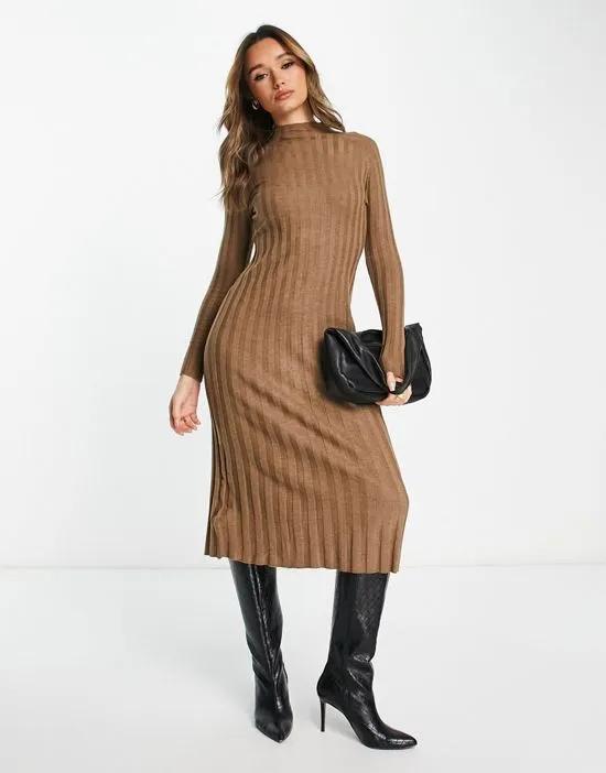long sleeve ribbed midi dress in brown
