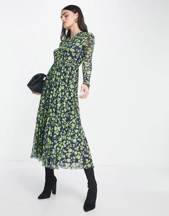 long sleeve ruched maxi dress in mesh floral