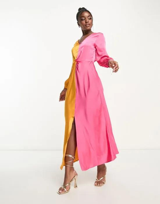 long sleeve ruched satin color block front maxi dress in multi