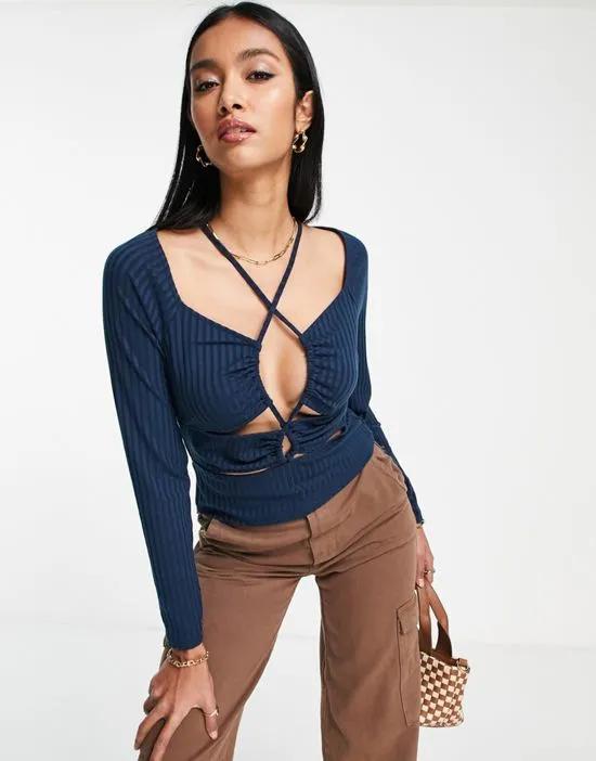 long sleeve ruched strappy top in blue