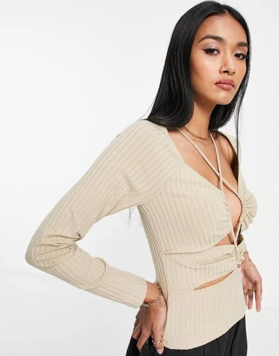 long sleeve ruched strappy top in stone