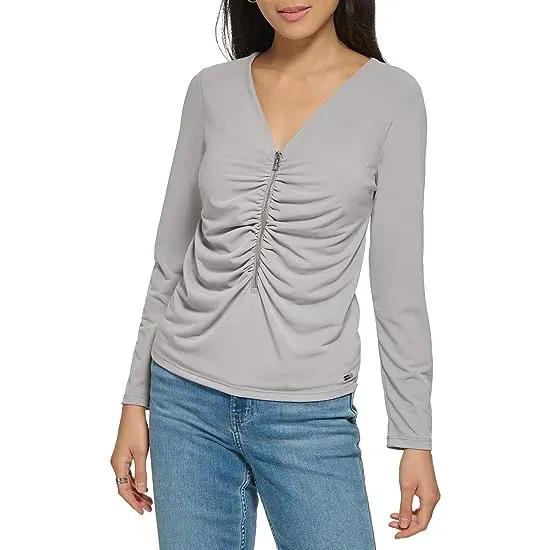 Long Sleeve Ruched Zip Front