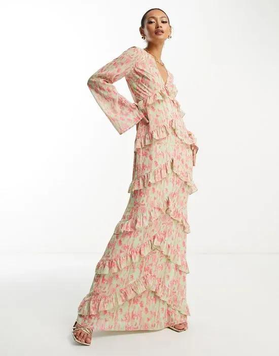 long sleeve ruffle maxi dress in mixed floral