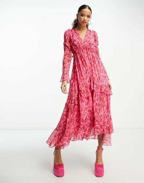 long sleeve ruffle midaxi dress in red and pink abstract print