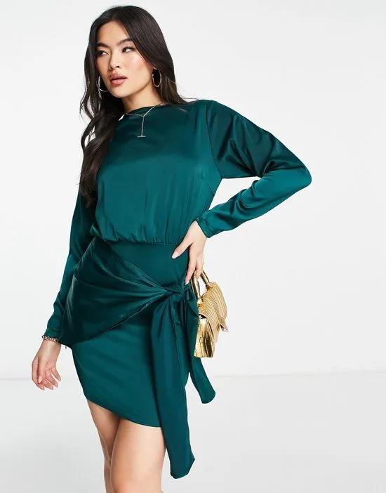 long sleeve satin dress with wrap tie in teal