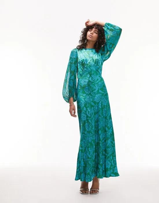 long sleeve satin maxi dress with bust seam in green floral print