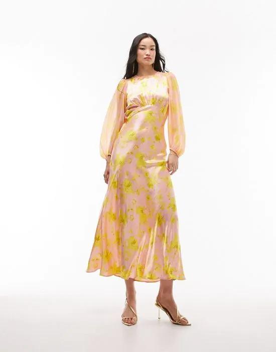 long sleeve satin maxi dress with bust seam in pink print