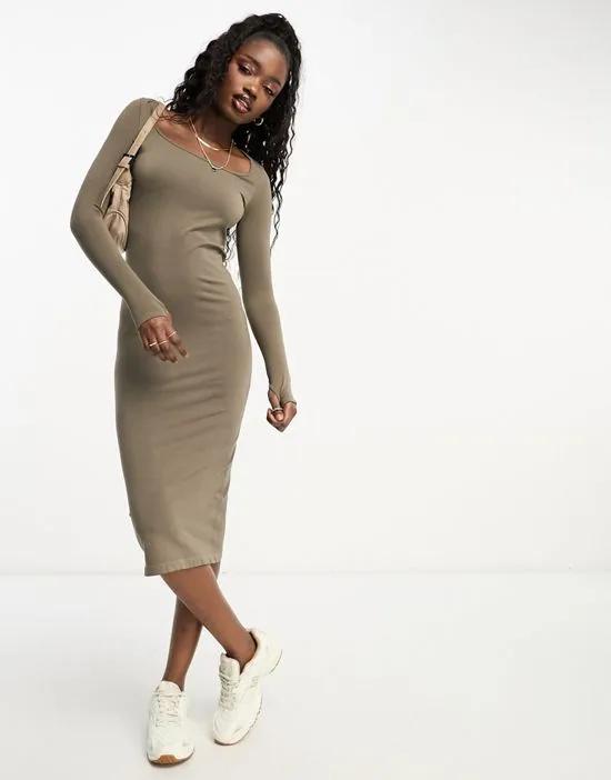 long sleeve second skin maxi dress in taupe