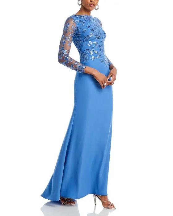 Long Sleeve Sequined Lace Crepe Gown 