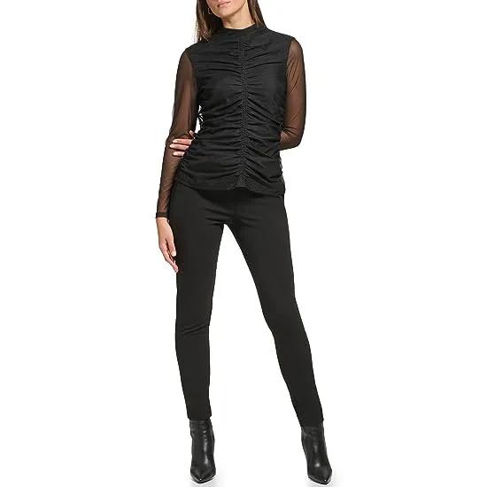 Long Sleeve Shirred Front Mesh Top