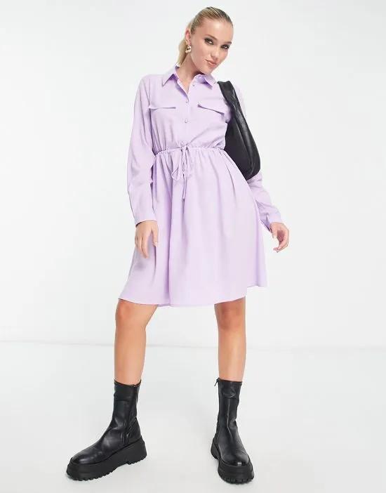 long sleeve shirt dress with tie waist in lilac