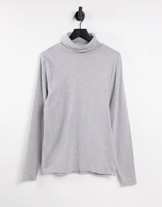 long sleeve slim ribbed roll neck sweater in gray