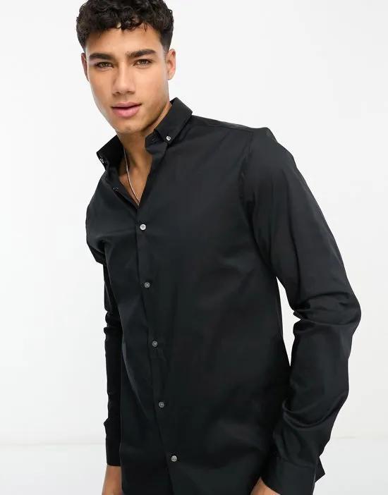 long sleeve smart embroidered muscle fit shirt in black