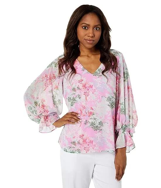 Long Sleeve Smock Cuff V-Neck Glowing Garden Blouse