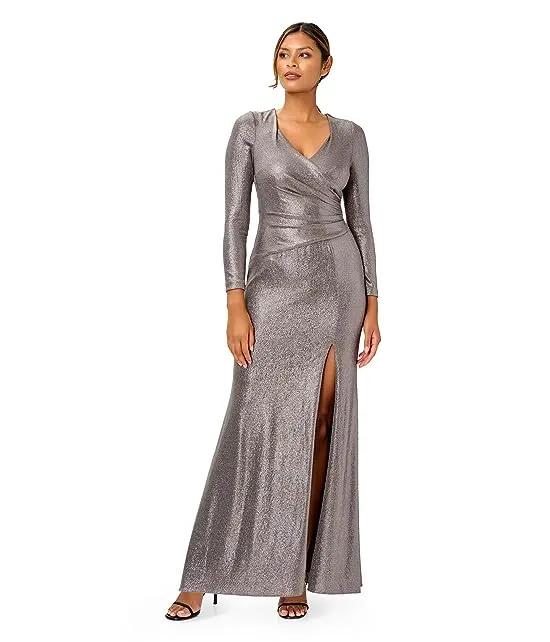 Long Sleeve Stretch Metallic Jersey Gown