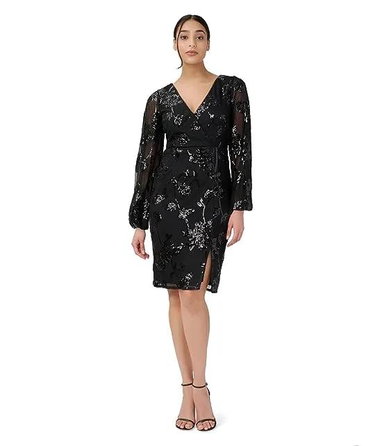 Long Sleeve Stretch Sequin Cocktail Dress
