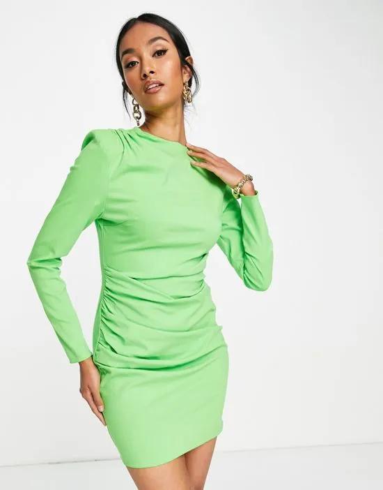 long sleeve structured mini dress with pleat detail in green