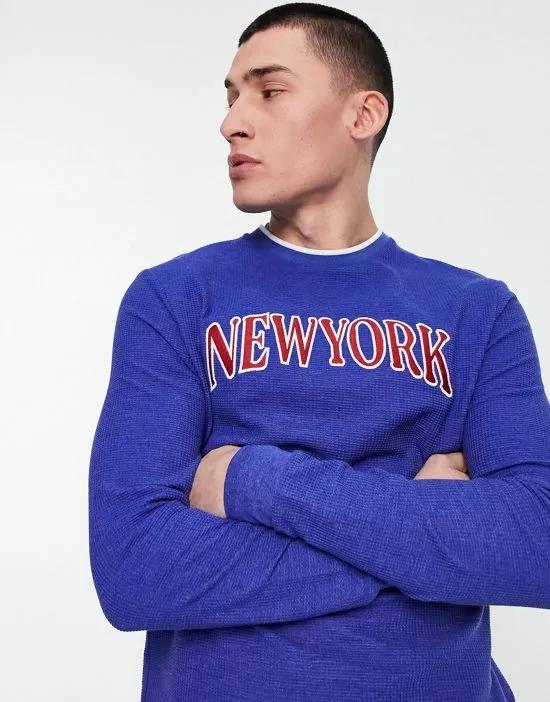 long sleeve T-shirt in blue waffle with New York city print