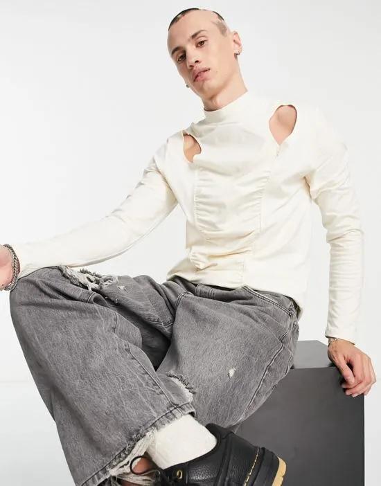 long sleeve T-shirt with ruching and cut-outs in cream