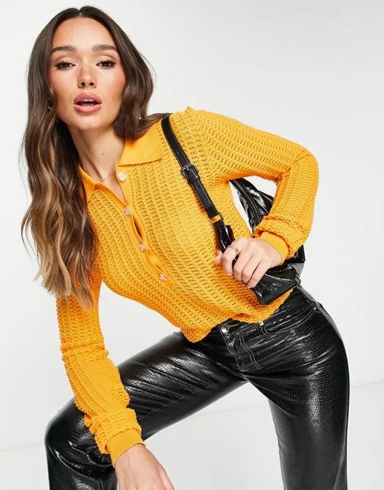long sleeve textured knit polo top in apricot