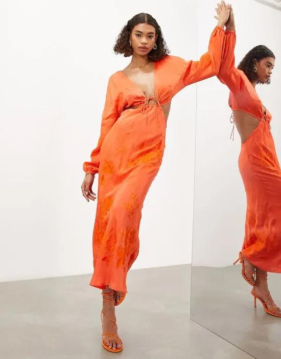 long sleeve tonal floral embroidered midi dress in bright orange