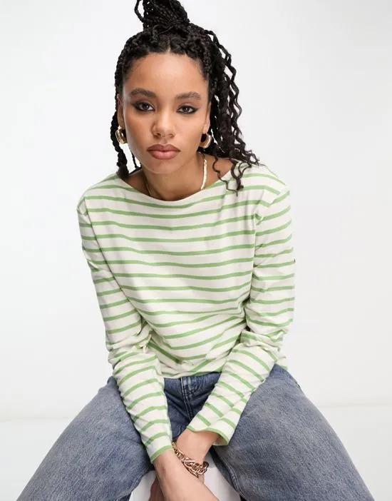 long sleeve top in off white and green stripe