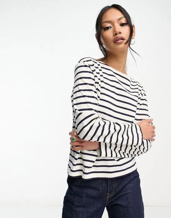 long sleeve top in off-white and navy stripe